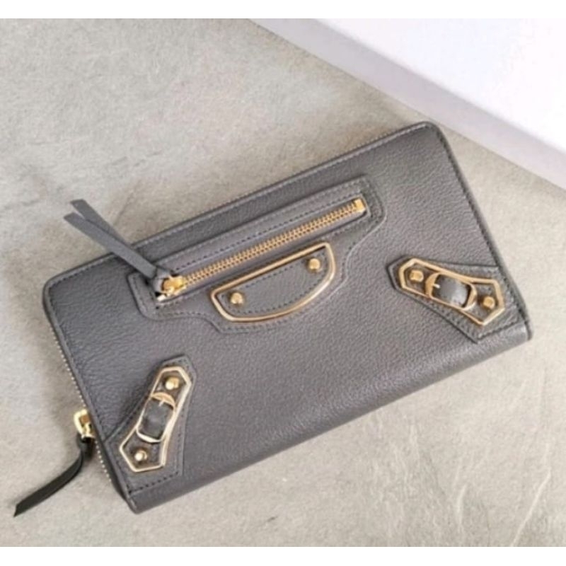 Dompet Wanita Branded / 8alanciaga Zipper Zippy Walet Metallic / Abu Abu