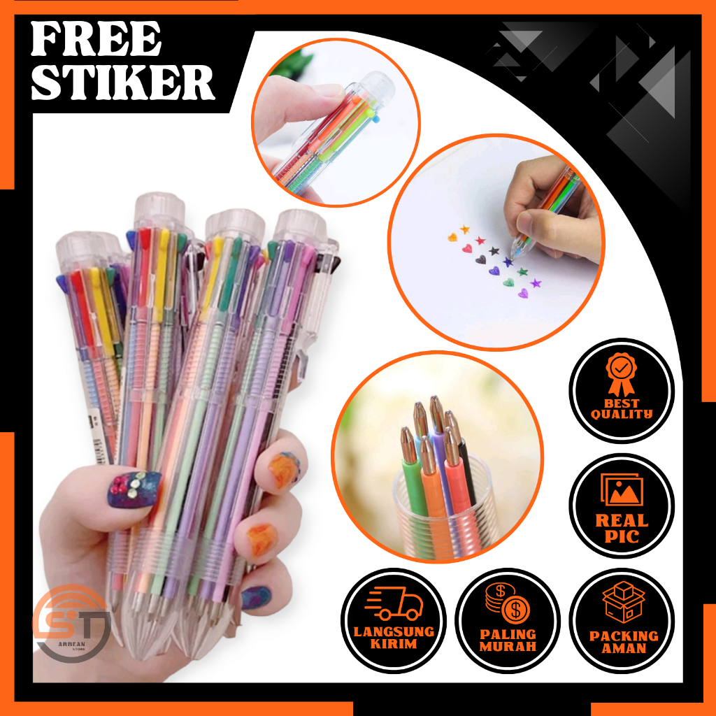 

1PCS Pulpen 6 Warna Pena 3in1 Multi Color Transparan Peralatan Sekolah Tulis Bolpen Enam Colors Bening Pen Hitam Merah Biru A025
