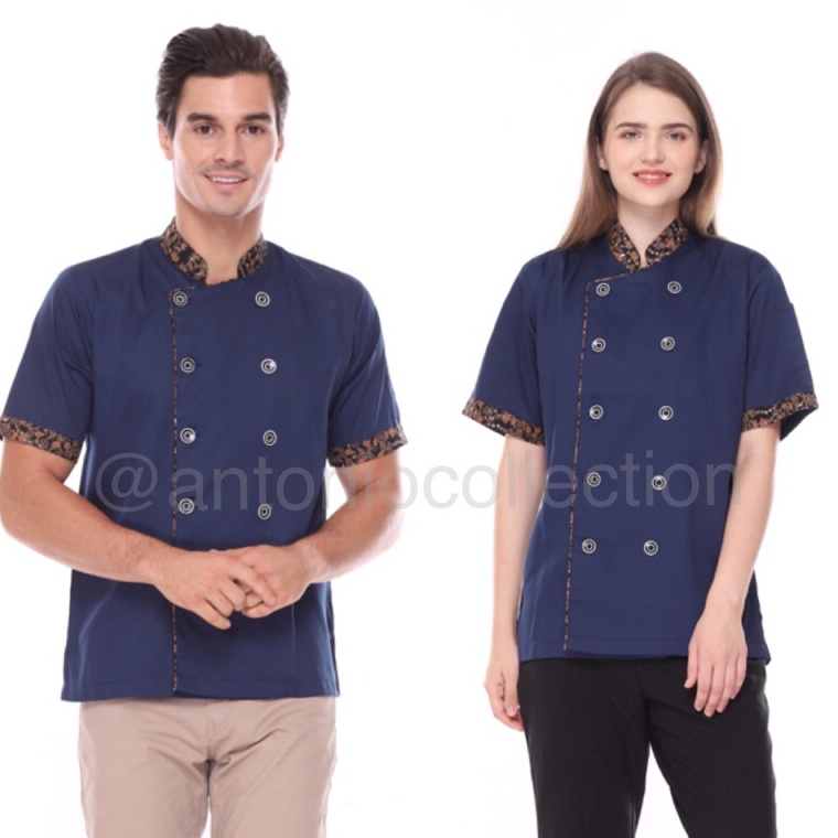 Baju Koki / Chef Jacket Biru Dongker Navy Lis Batik  Lengan Pendek