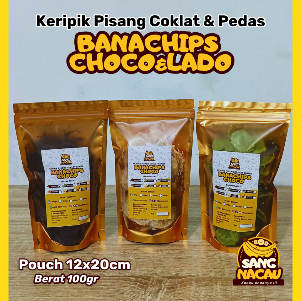 

SANGNACAU-100gr Keripik Pisang Coklat Lumer dan Pedas Banachips Choco Lado kemasan Pouch rasa coklat greentea matcha tiramisu pedas daun jeruk