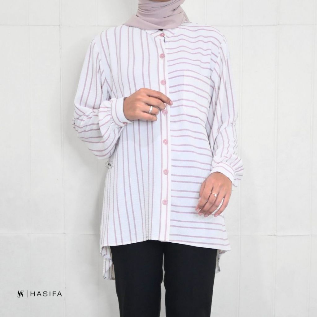 Hasifa Melva Shirt Blouse | Atasan Kemeja Blouse Salur Muslim Basic