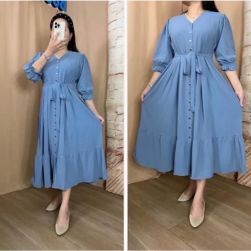 Melin Midi Dress Crinkle Airflow Premium Import Kancing Batok