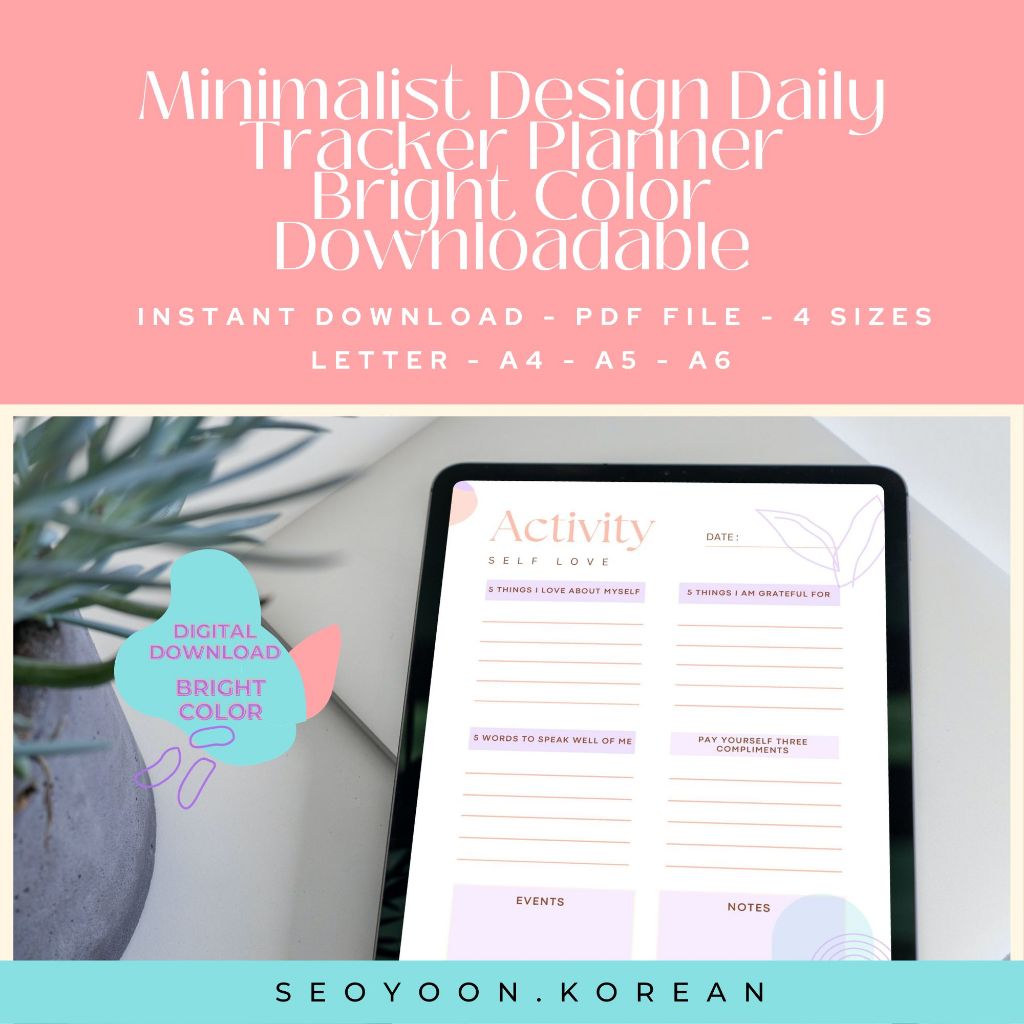 

Minimalist Design Daily Tracker Planner Downloadable PDF file 4 Size Planner Study Planner Days with Bright Color