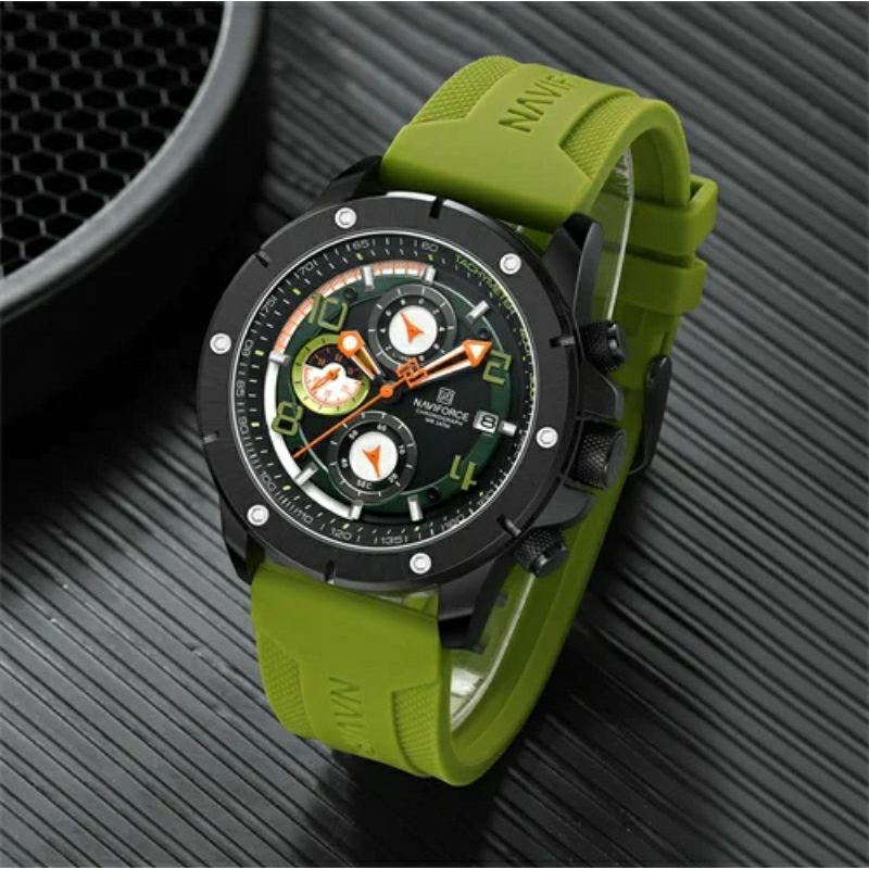 jam tangan pria Mewah NAVIFORCE 8034M Tali Rubber Green Date aktif Original