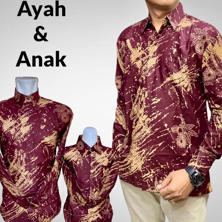 Diskon MAROON,BATIK COUPLE AYAH DAN ANAK lengan panjang lapisan furing heo warna merah maroon,kemeja