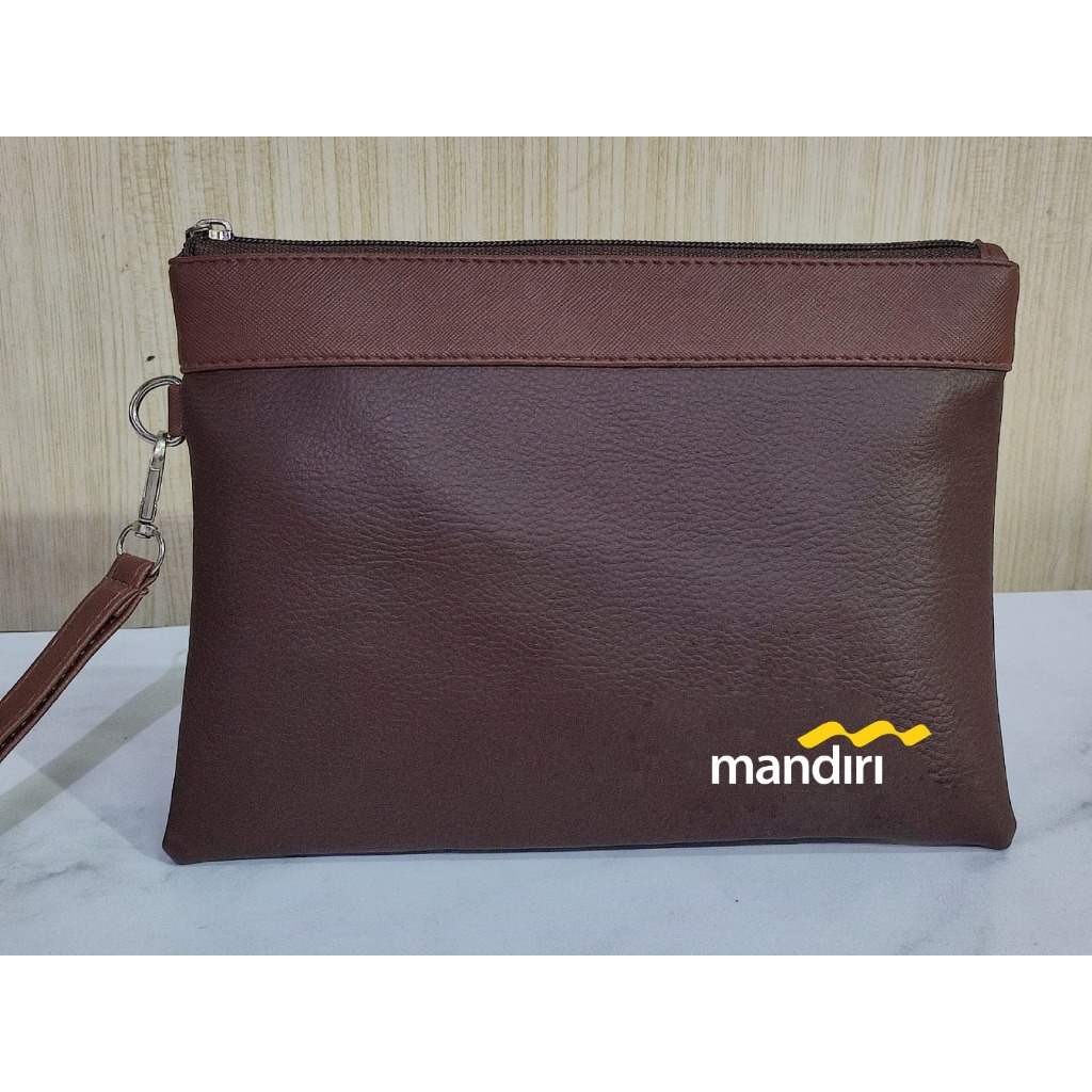 Handbag Custom V2 Full Coklat Motif MANDIRI / Clutch Premium / Dompet Kulit Custom Logo Perusahaan /