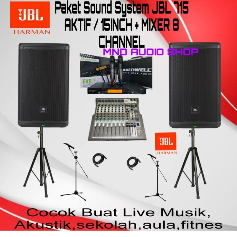 paket sound system speaker aktif JBL 15inch EON 715 + Mixer 8c