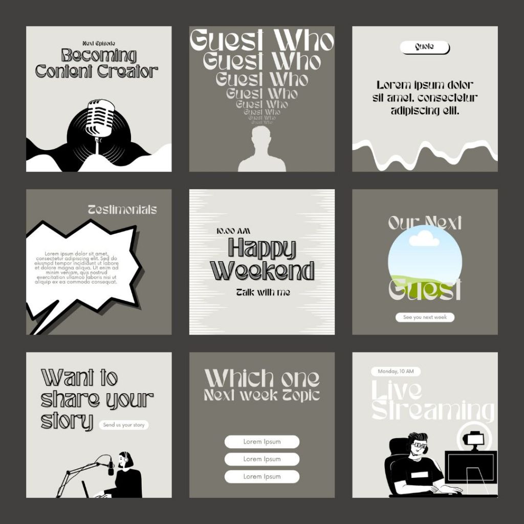 Podcast Instagram Feed/Post Template Canva | 9 Post Premium Design |  Bisa Diedit di Canva | Gratis 