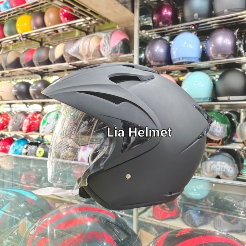 helm hiu arrow double visor polos black doff / helm hiu arrow hitam dop / hiu arrow original