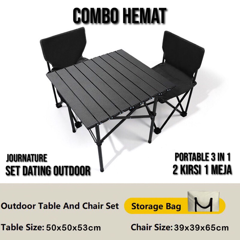 Kursi Lipat 1 set 2 Kursi 1 Meja Lipat Outdoor Indoor Warna Hitam Meja Camping Bersantai Portable