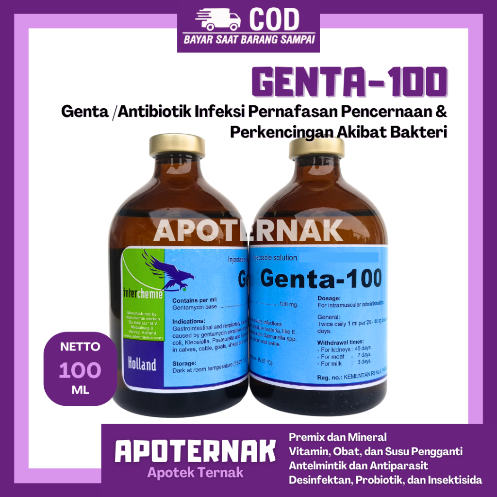 GENTA-100 100ml - Obat Pernafasan Pencernaan Pekencingan Hewan CRD Coryza Snot | Like Nova Gentylo S