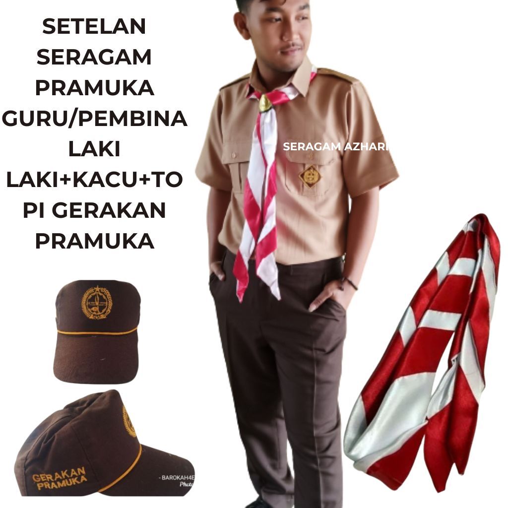 SERAGAM PRAMUKA GURU PEMBINA LAKI LAKI SETELAN BAHAN LARICI+KACU JUMBO165 CM+TOPI GERAKAN PRAMUKA/SE