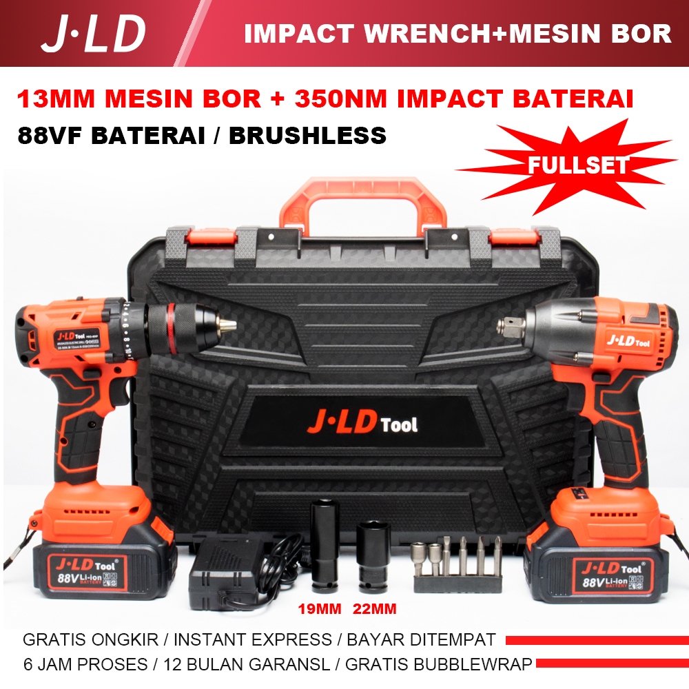 JLD 13mm mesin bor baterai brushless 88VF bor impact baterai set 350NM bor impact inpek pembuka baut