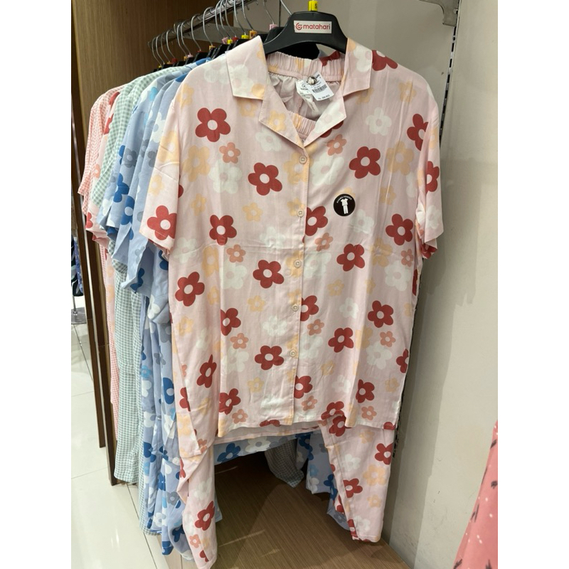 Piyama set wanita atasan lengan pendek celana panjang pink ori nevada