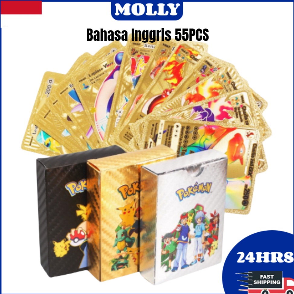STOK TERBARU 【COD】55PCS Mainan Kartu Pokemon Original Pokemon Cards Kartu Dinosaurus Black Gold Silv