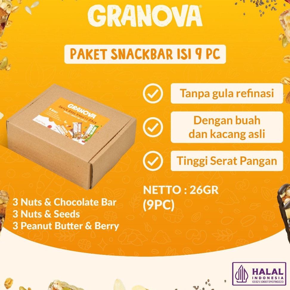 

New Stock Granova - Snackbar 26gr x 9 pcs (Rasa Original, Peanut Butter & Berry / Selai Kacang & Buah Beri, Nuts & Chocolate / Kacang & Coklat) - Cemilan Sehat, Gandum, Halal