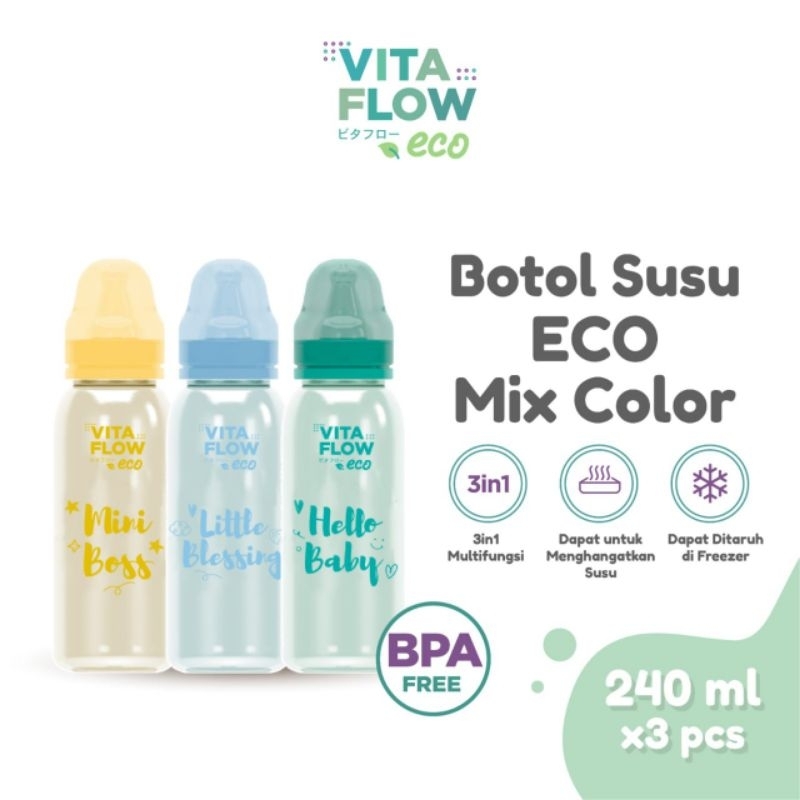 TERMURAH!! VITAFLOW BOTOL SUSU ECO MIX COLOR (ISI 3PCS)