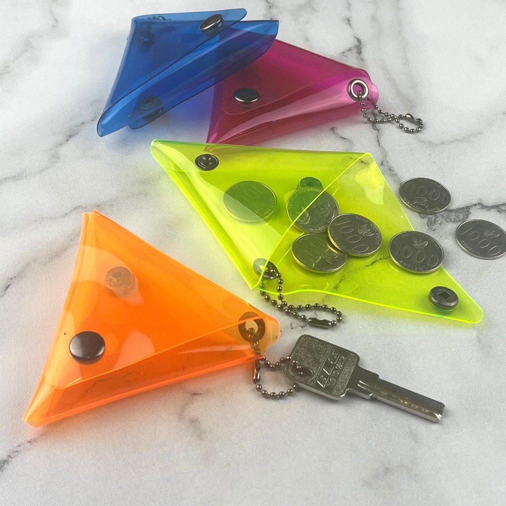 Dompet koin unik mika PVC jelly transparan gantungan kunci tassel segi tiga