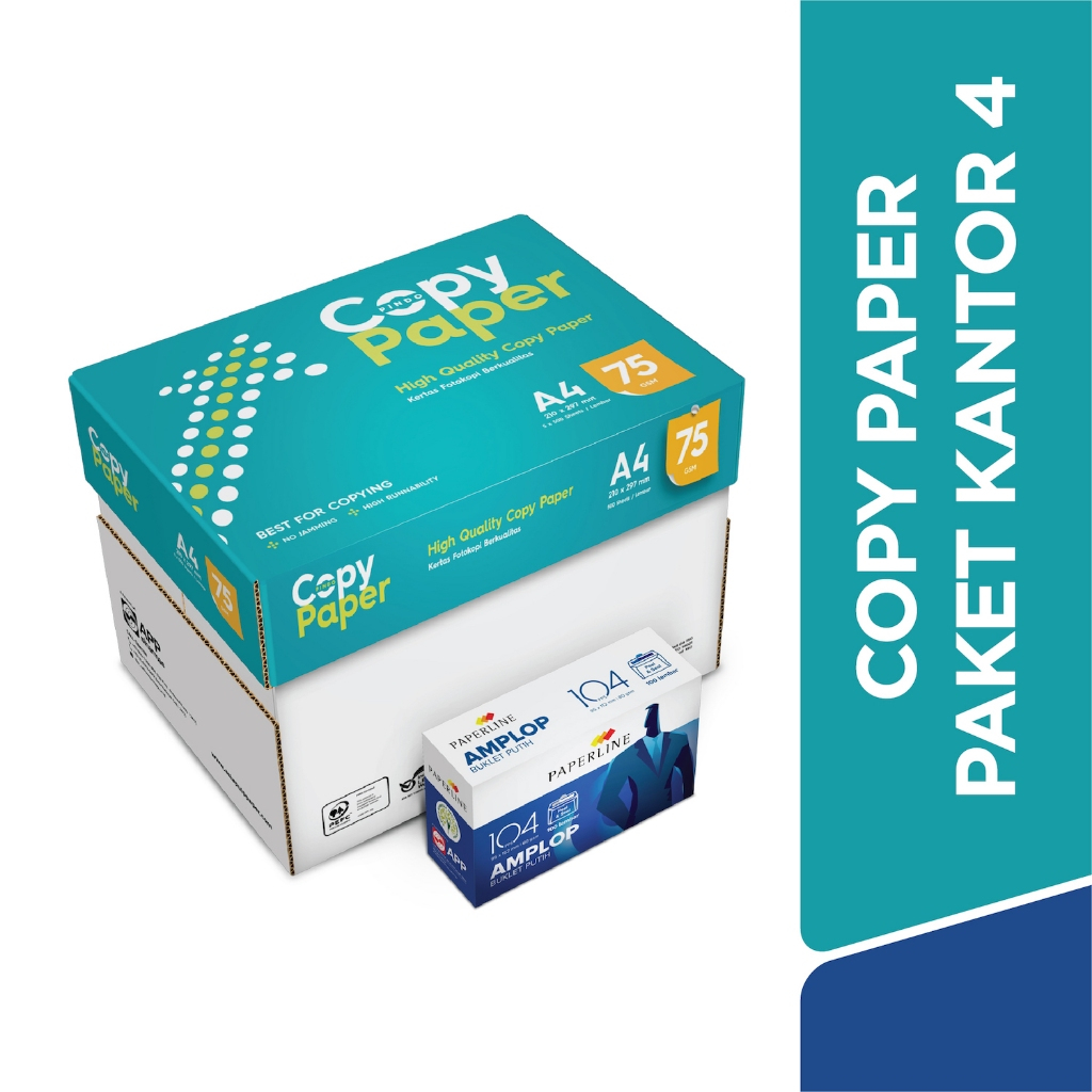 

Copy Paper Paket Kantor 4 (Kertas HVS 75 GSM A4 1 Boks & Amplop 104 PPS)