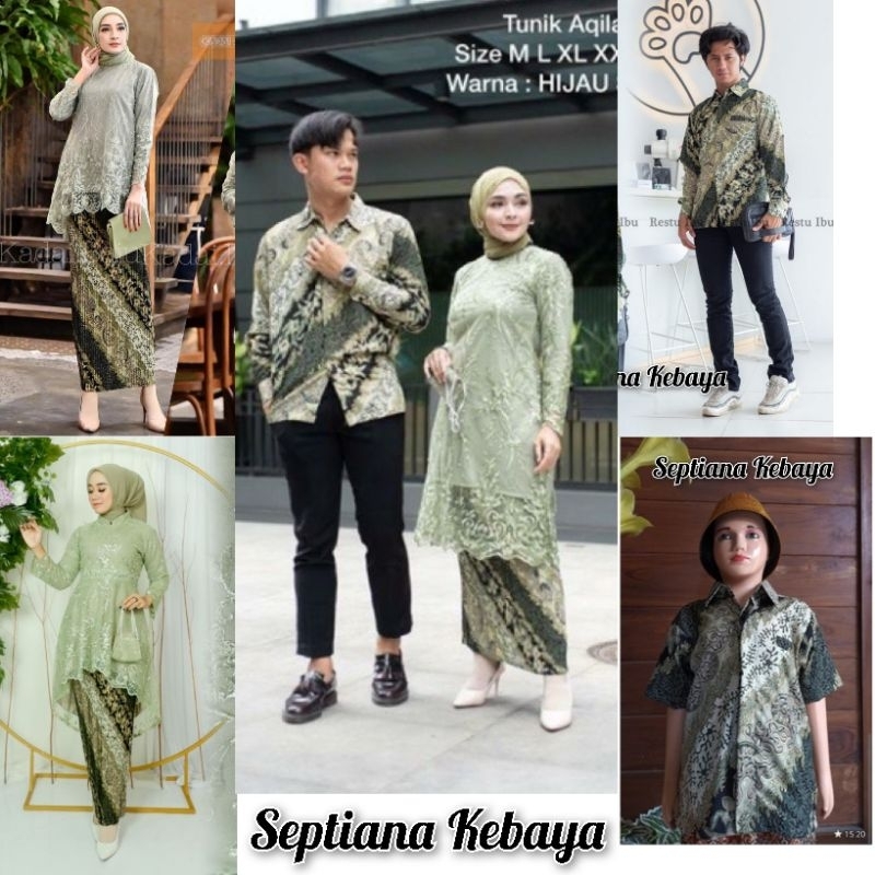 couple kebaya  sage Green |  kebaya tunik Lesty /kebaya wisuda tunangan  modern |  kemeja batik sage Green | rok plisket | rok lilit | kemeja anak