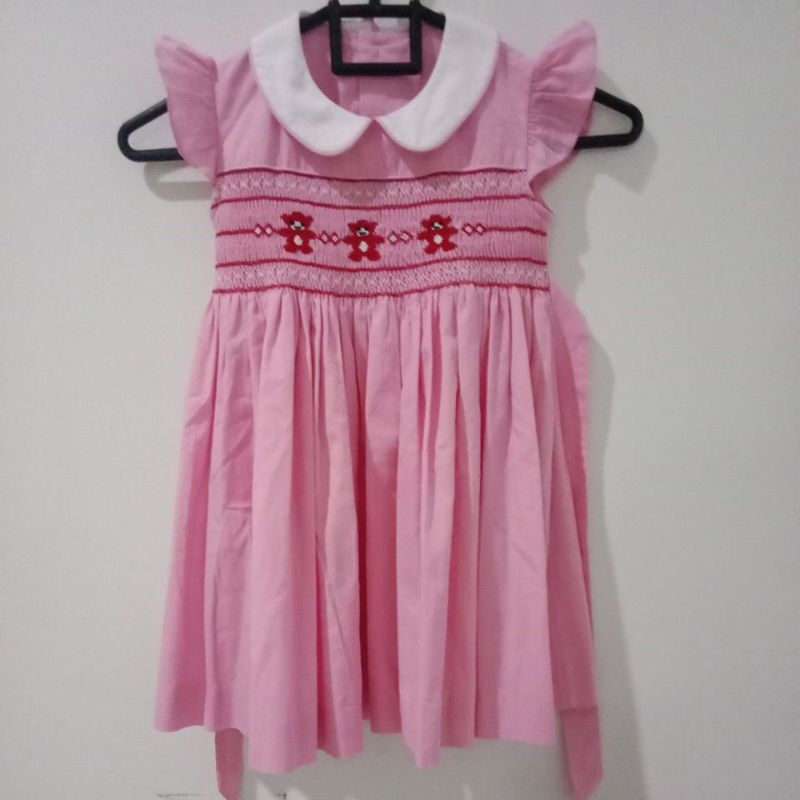 Preloved smocked dress anak pink bear 4years almost new