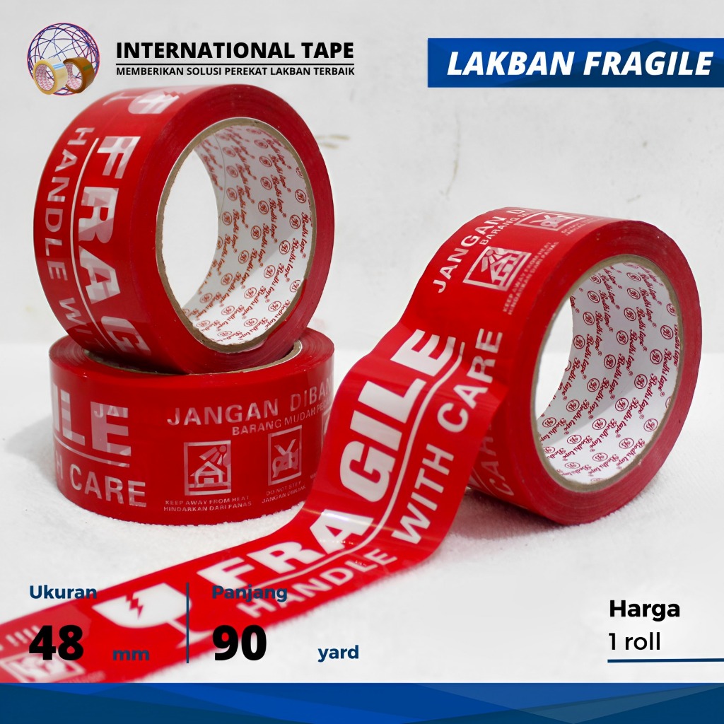 

Lakban Fragile Ready Warna Merah Ready Ukuran 48 mm x 90Yard PER PCS