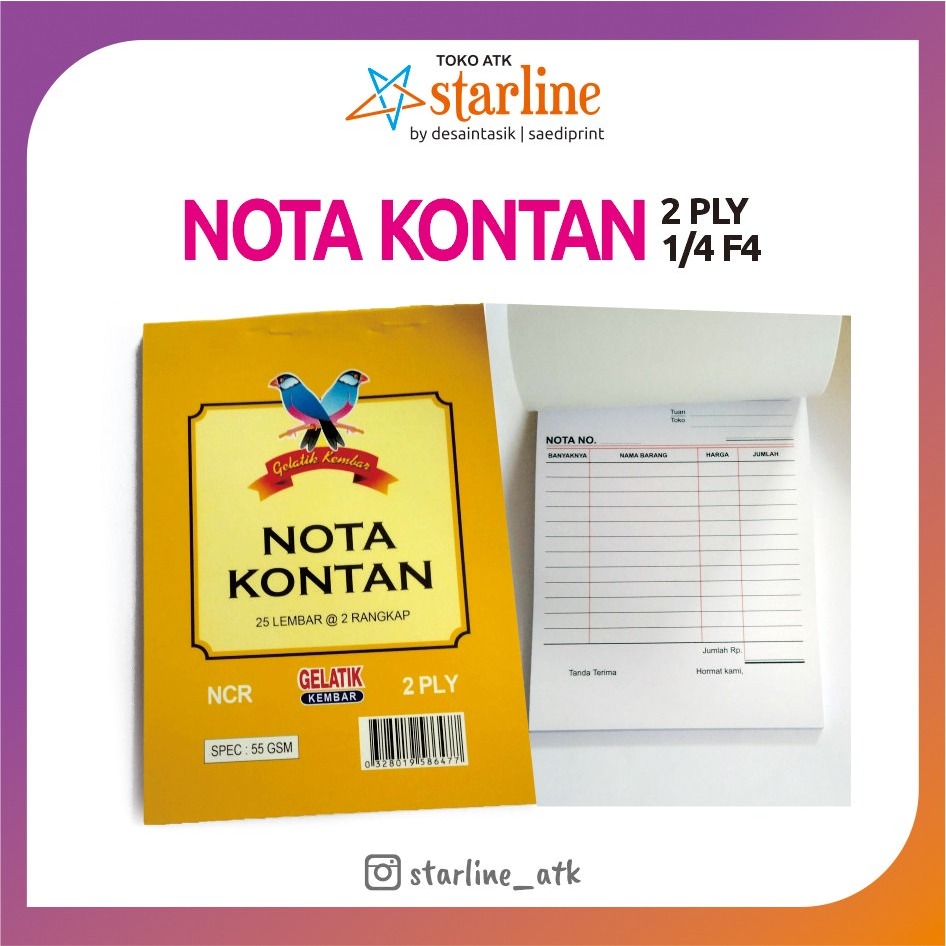 

BUKU NOTA KONTAN 2 PLY, 1/4 F4 NCR, GELATIK