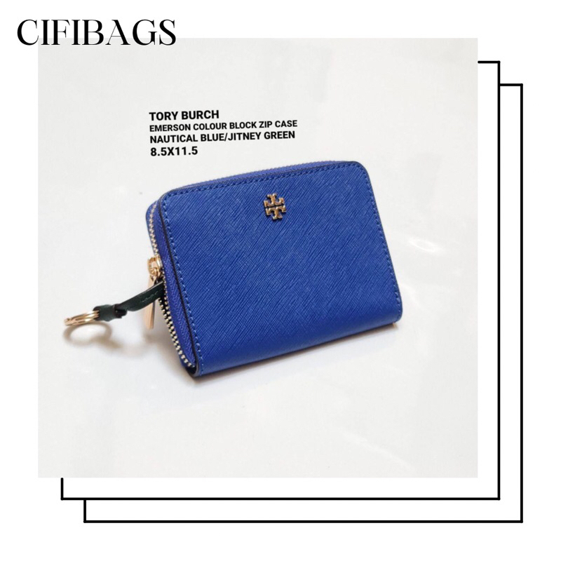 DOMPET WANITA ORIGINAL TORY BURCH EMERSON  ZIP COIN CASE NAUTICAL BLUE
