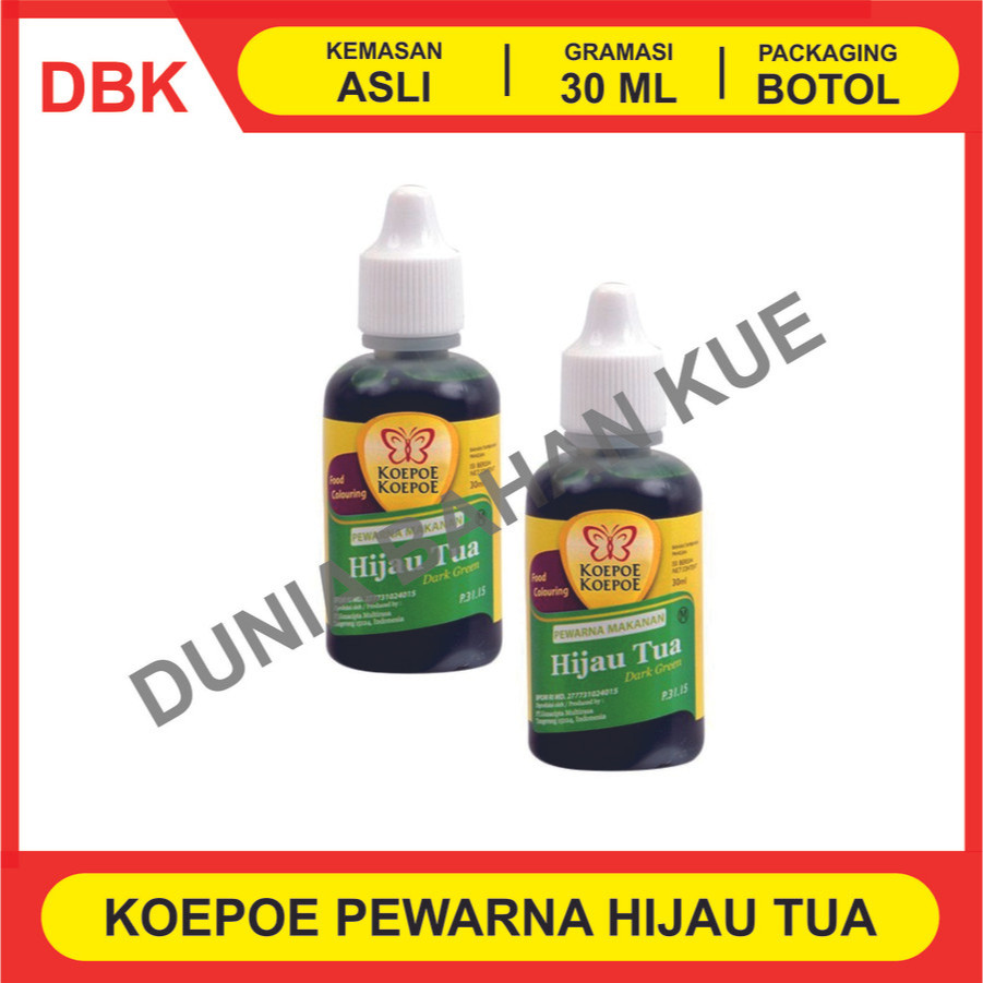

PEWARNA MAKANAN MINUMAN KOEPOE KOEPOE HIJAU TUA 30 ML - 1 DUS 144 PCS / KUPU FOOD COLORING