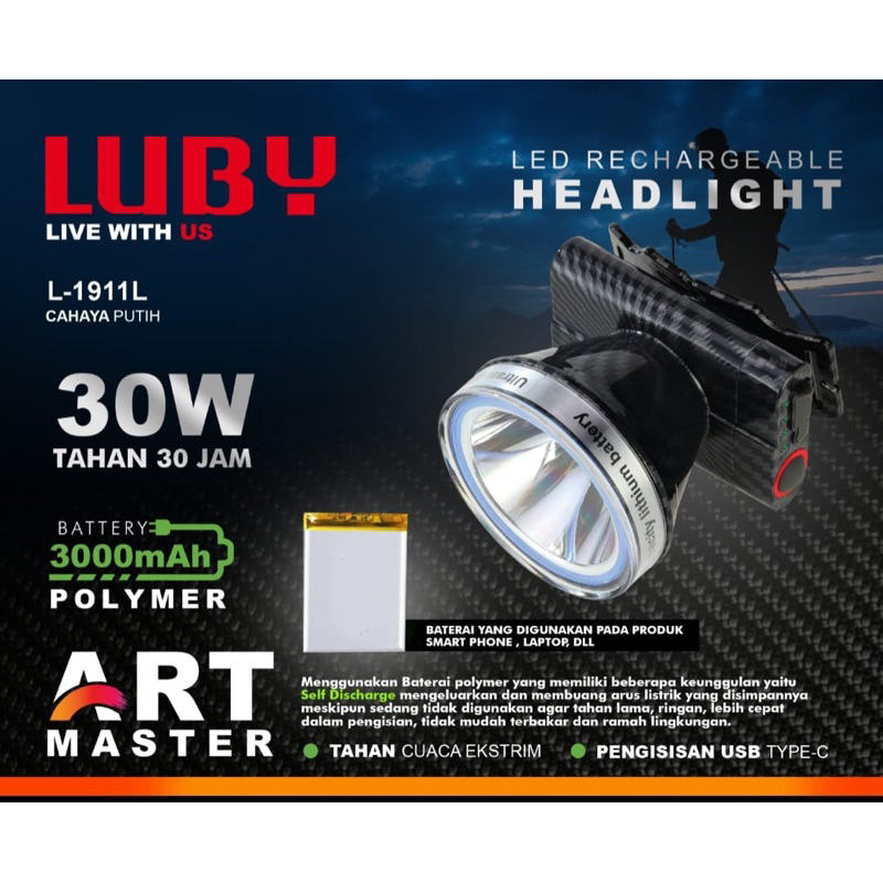 Senter Kepala Luby L-1911L Headlamp 30 Watt L1911L ART MASTER Pattern Cahaya Putih