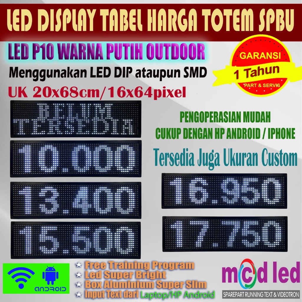 RUNNING TEXT LED DISPLAY TOTEM TABEL HARGA SPBU UK. 20X68 CM