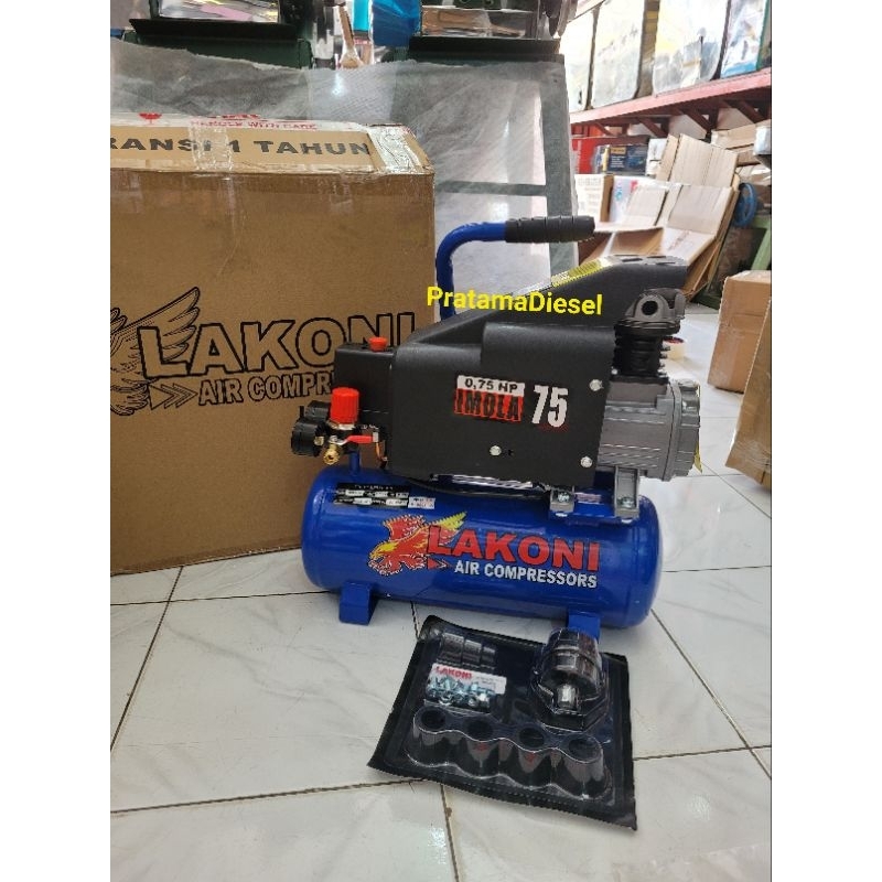 paket kompresor listrik Lakoni imola 75+spraygun f75+selang recoil 6m+Coupler SF PF