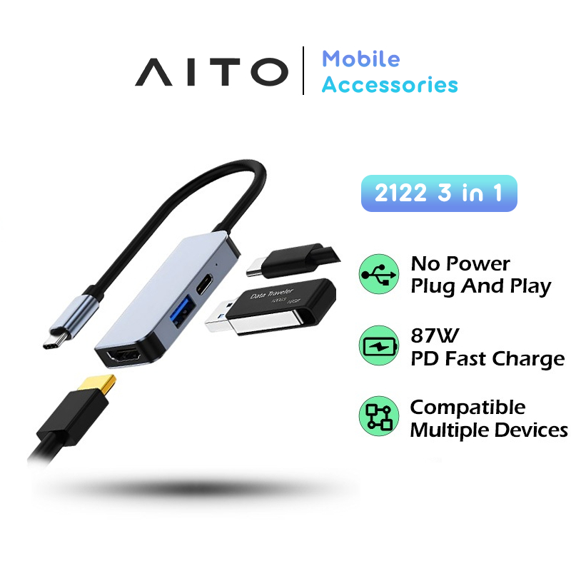 AITO 3 In 1 Hub USB C To HDMI Docking Station 4K Ultra HD 1080P USB 3.0 Adapter PD 87W Fast Charging High Speed ??USB 3.0 Converter for Laptop Macbook Mobil Phone Android