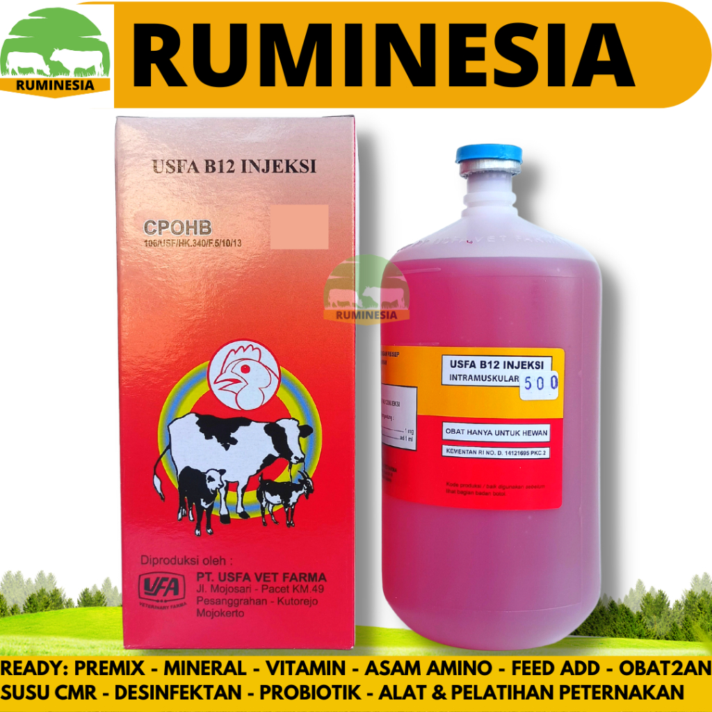 USFA VITAMIN B12 500 ML - Vitamin B12 Hewan Ternak Sapi Kambing Domba Babi Ayam Dll