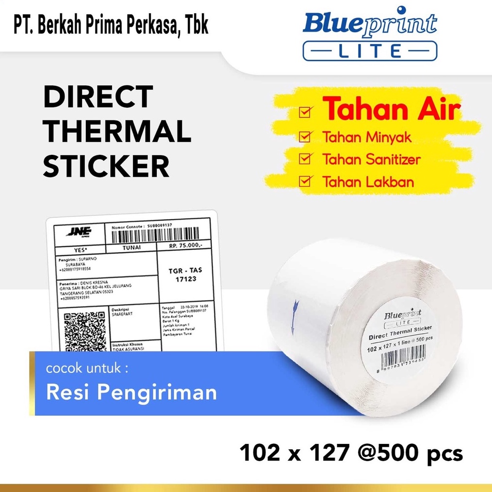 

Stok terbaru Direct Thermal Sticker 102x127 BLUEPRINT Lite Kertas Stiker Label 102 x 127 mm 500Pcs - 1 Roll gas !!