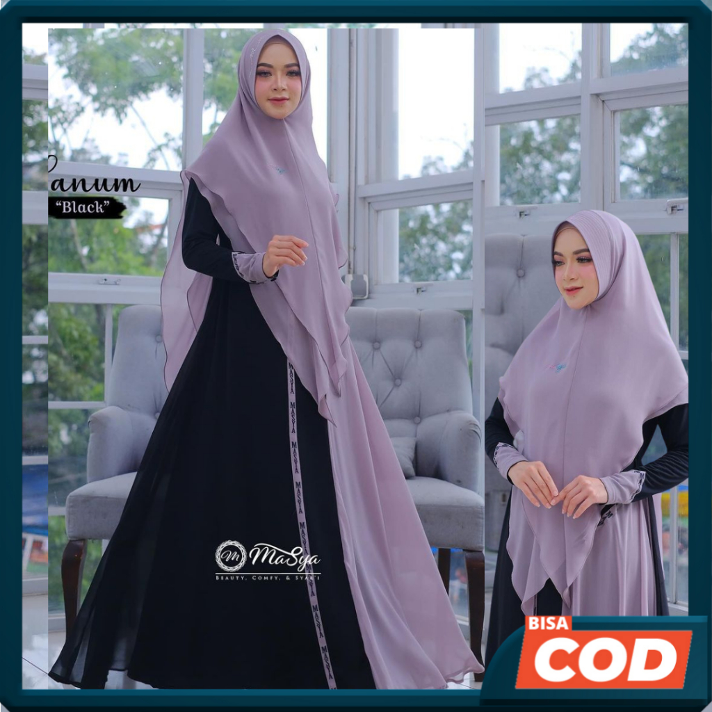 Set Gamis Dress Ceruty Babydoll Syari Branded Black - Hitam - Abu - Grey Mewah Masya Syari Original 