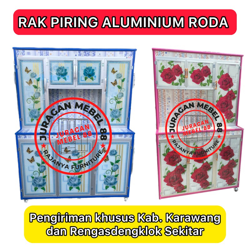 RAK PIRING ALUMINIUM RODA 3 PINTU 4 PINTU KACA / RAK PIRING KARAWANG / LEMARI PIRING KARAWANG