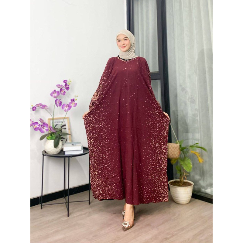 Kaftan Wanita - Daunda Kaftan Size Jumbo XXXXL Motif Daun Lengan Panjang Busui Resleting by Nadira_Fashion / Gamis Rayon Jumbo Kaftan Terbaru-Senprot marun