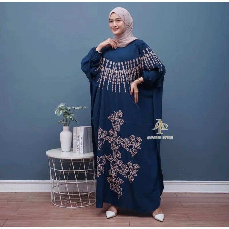 Kaftan Wanita - Daunda Kaftan Size Jumbo XXXXL Motif Daun Lengan Panjang Busui Resleting by Nadira_Fashion / Gamis Rayon Jumbo Kaftan Terbaru-Luna navy