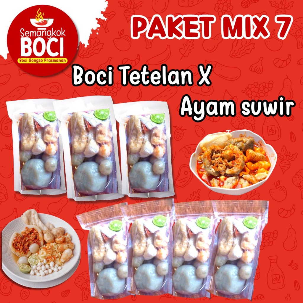 

TERLARIS BRANDS FESTIVAL BUNDLING 7 Bungkus Mix 3 Boci Tetelan Mercon dan 4 Boci Ayam Suwir Pedas Semangkok Boci buruan
