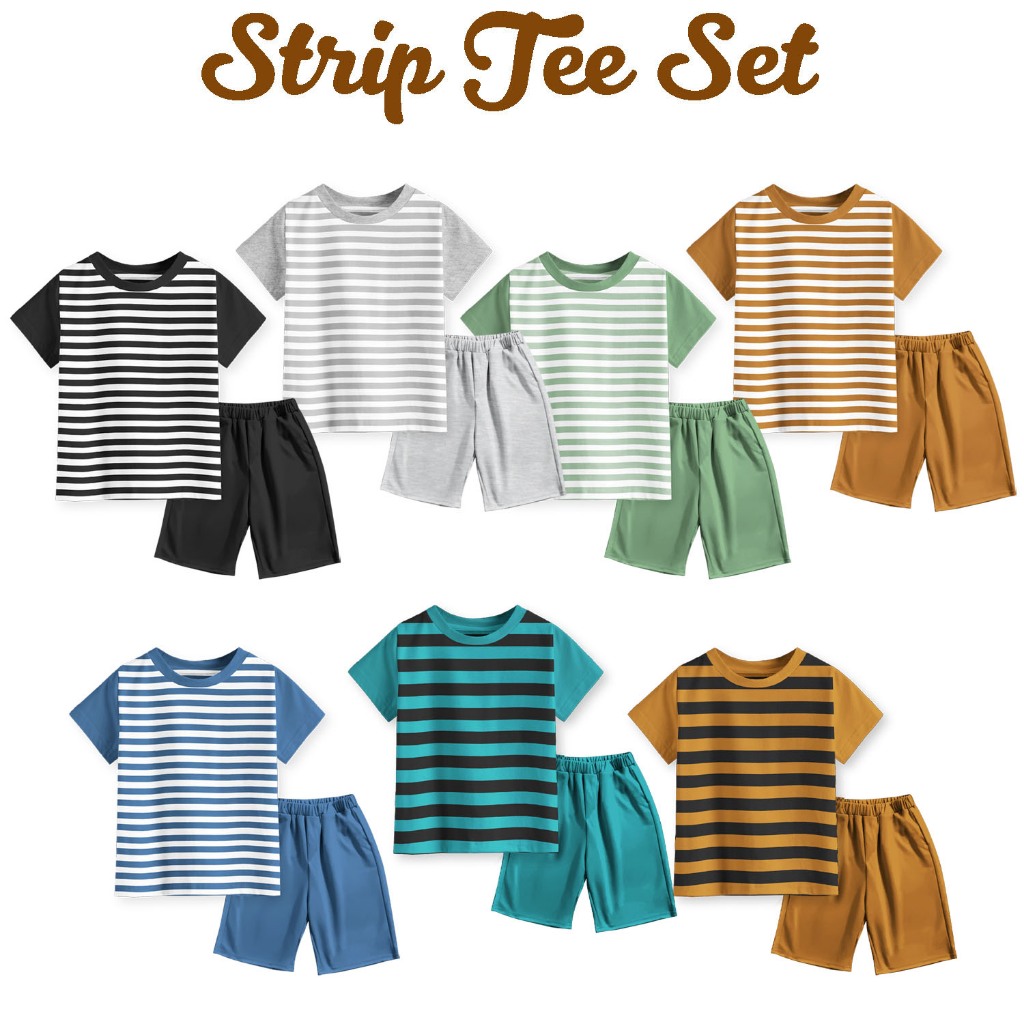 	 Setelan Kaos Salur Strip Anak Laki-laki dan Perempuan Unisex 1-10 Lengan Pendek	