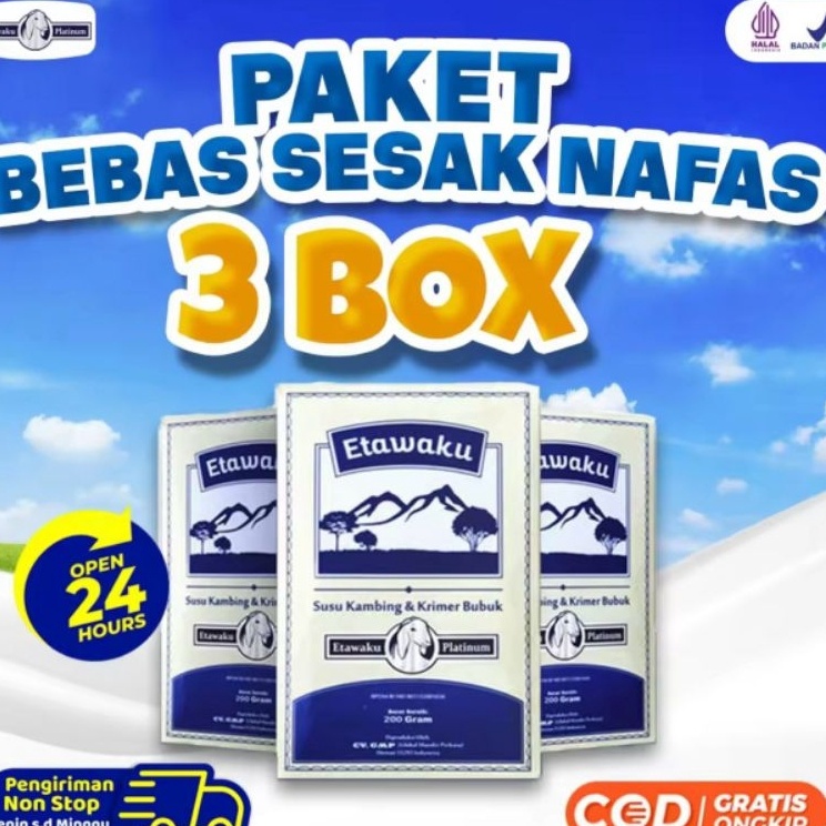 

SXKM5460 MEGA SALE PAKET 3 BOX ETAWAKU PLATINUM - Susu Kambing Etawa Provit Solusi Atasi Masalah Gangguan Pernapasan / Asma / Lutut Sakit Tulang Sakit Nyeri Sendi Tulang Keropos Osteoporosis Obat Nafas Napas Lega Minuman Kesehatan Termurah Terlaris Teram
