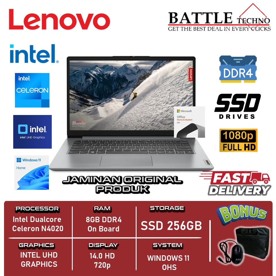 Laptop murah Lenovo Ideapad Slim 1 N4020 8GB/256GB SSD 14 inch Windows 11 Home + OHS 2021