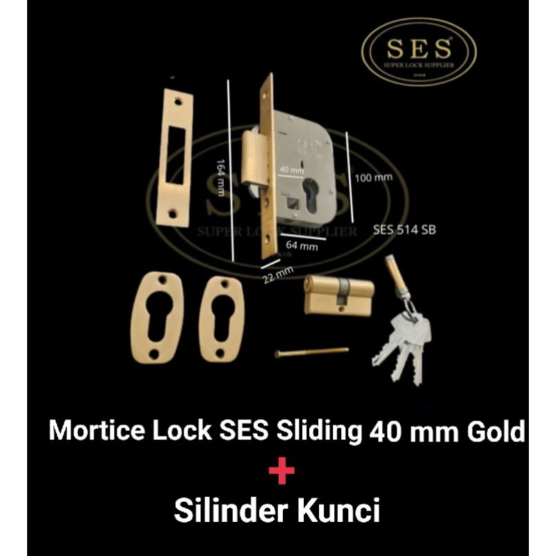 SES Body kunci sliding SES 40 mm Gold + Silinder