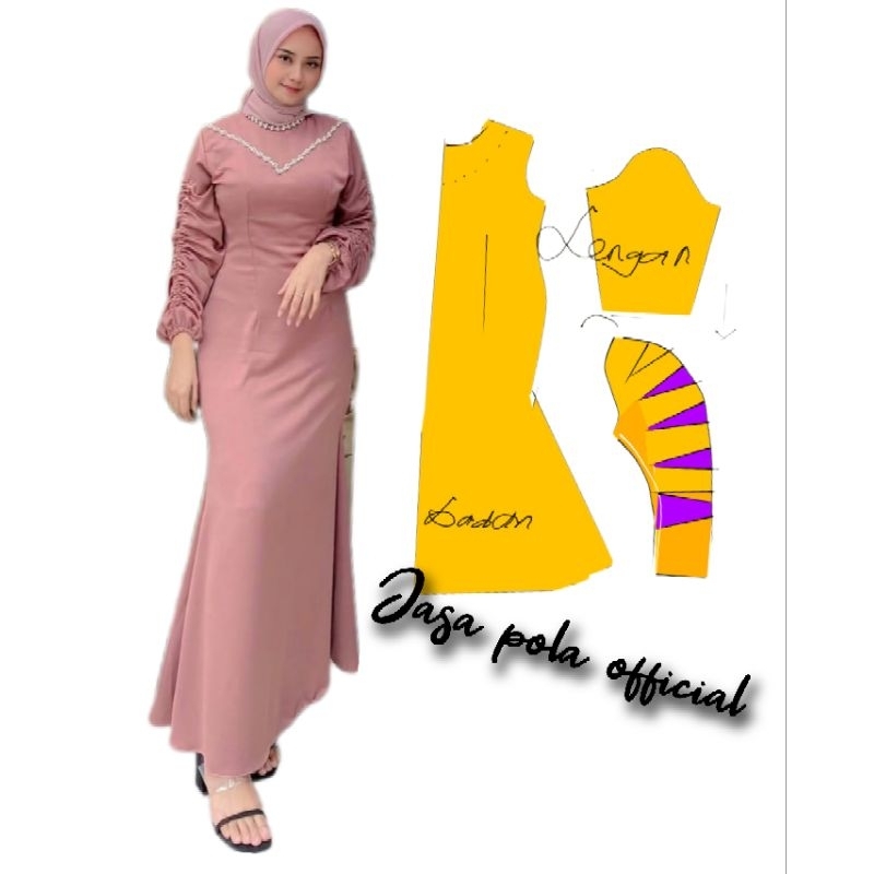 pola Instan pola Jiplak  gamis duyung serut lengan