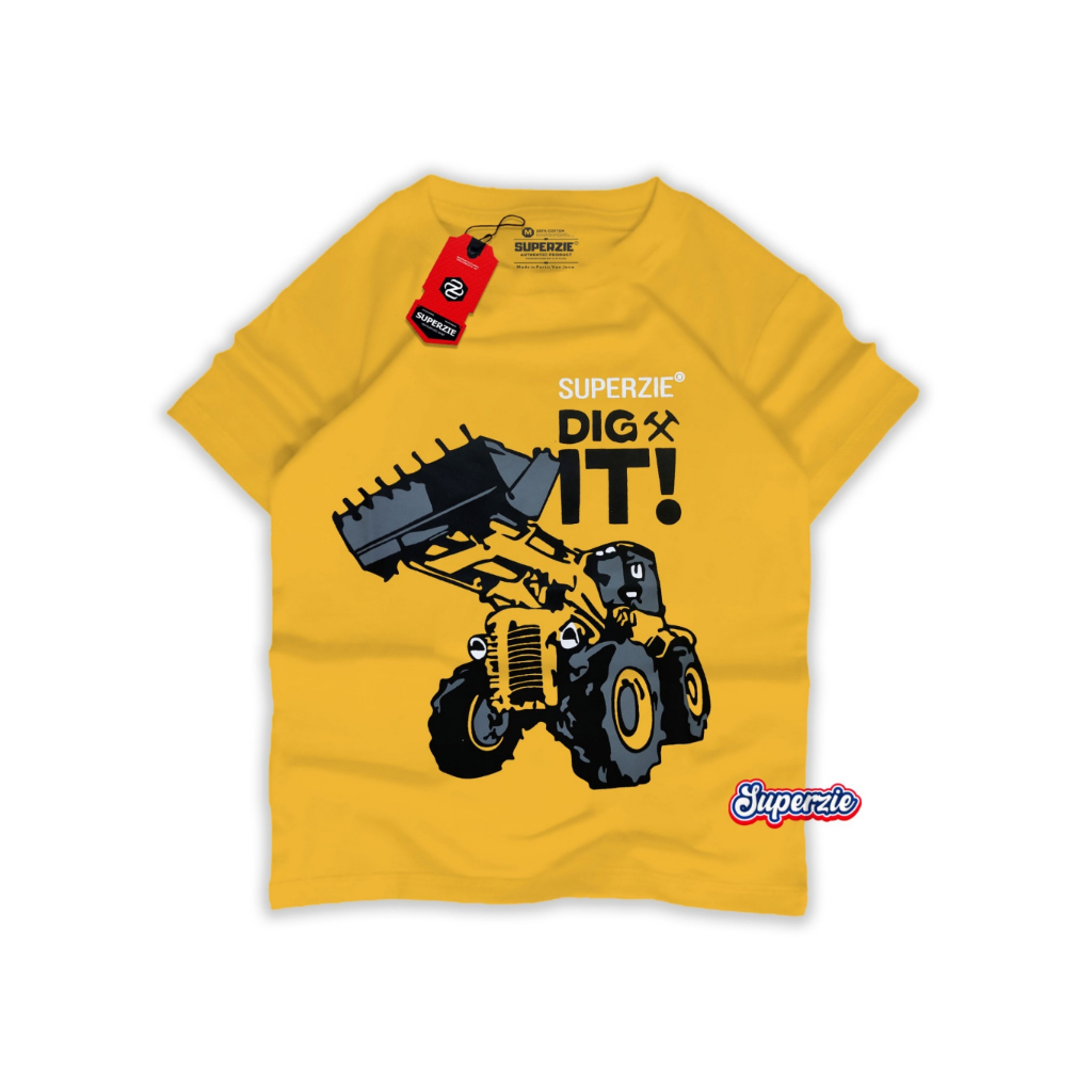 Baju kaos anak laki laki cowok umur 1-8 tahun warna mustard gambar mobil beko Bahan Premium Berkuali