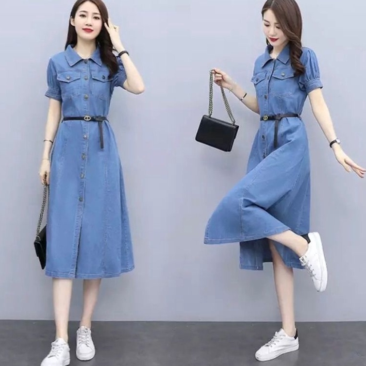 FYTR8955 HOT DRESS JEANS WANITA LENGAN PENDEK / LONG TUNIK JEANS WANITA LENGAN PENDEK ( FREE BELT )