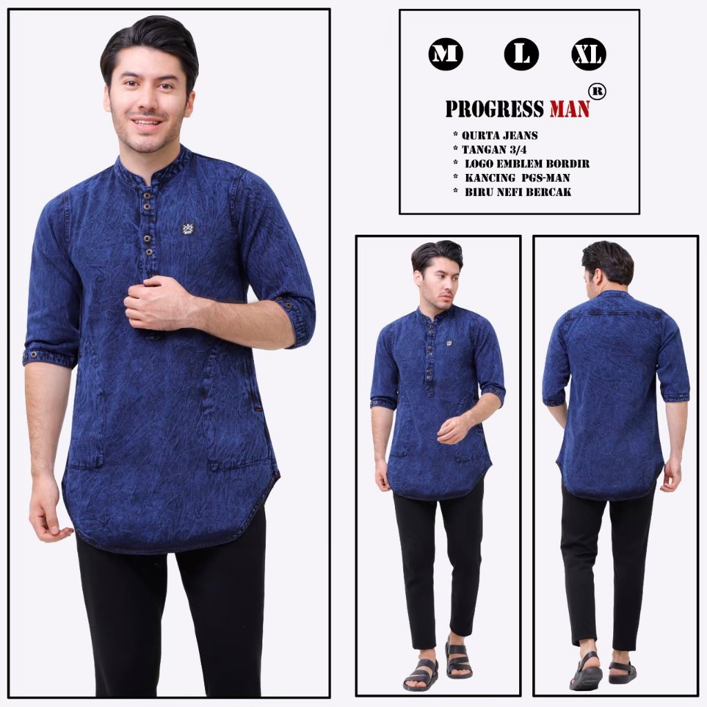 BAJU KOKO DENIM LENGAN 3/4 DENIM MUSLIM STYLE TERBARU DENIM KURTA  / BAJU KOKO DENIM PRIA REMAJA DEW