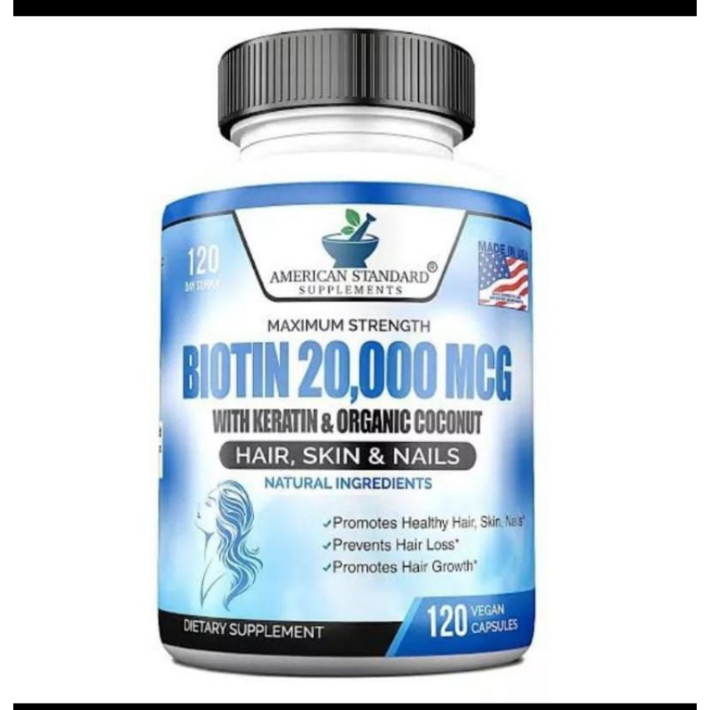 BIOTIN 20000 mcg keratin zinc organic american standard original suplemen capsul isi 120