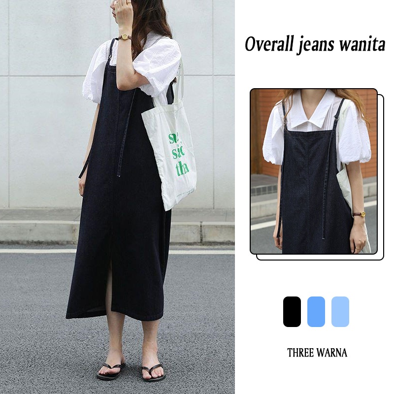 | kekinian factory | Ready stok overall korean style wanita long dress overall jeans hitam dress jum
